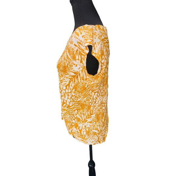 Christian Siriano 100% Linen Mustard Yellow Tropical Floral Back Button Top M - Picture 8 of 9